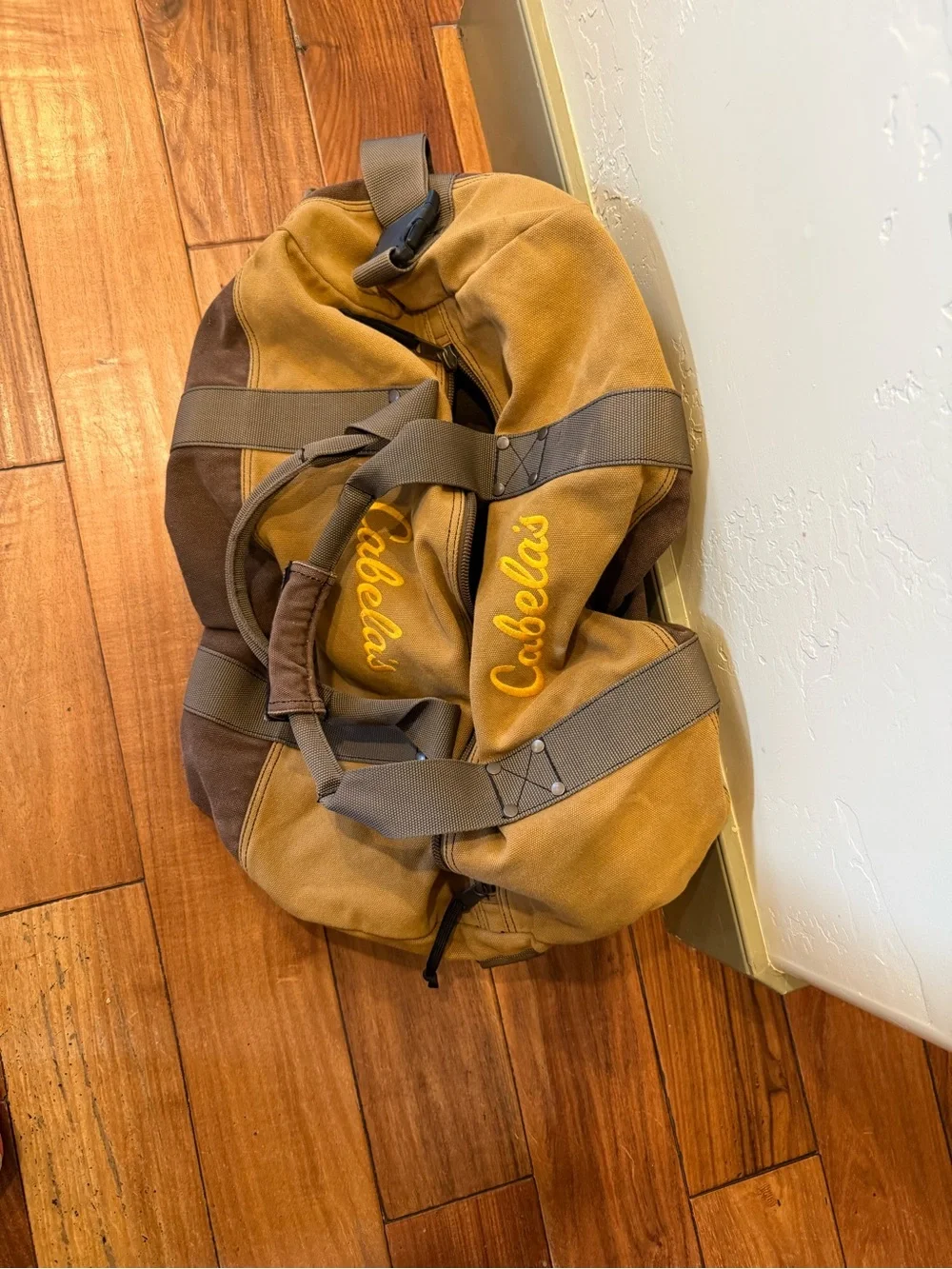 Cabela's Two-Tone Brown/Tan Canvas Duffel Bag with Shoulder Strap